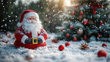 Close up shot of senior bearded man in santa clause outfit carrying gift boxes, christmas spirit, holiday moodの素材