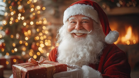 Close up shot of senior bearded man in santa clause outfit carrying gift boxes, christmas spirit, holiday moodの素材