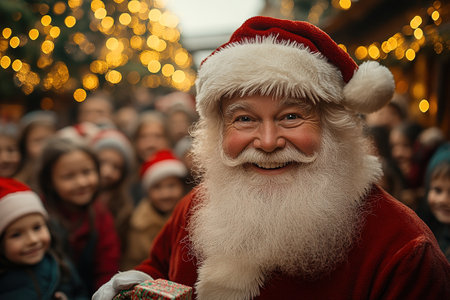 Funny happy kid taking gift from bag of Santa Claus. holidays, christmas, childhood and people concept. Happy family during snowfall on winter day.の素材