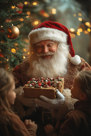 Funny happy kid taking gift from bag of Santa Claus. holidays, christmas, childhood and people concept. Happy family during snowfall on winter day.の素材