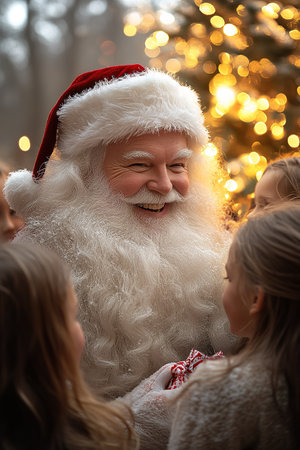 Funny happy kid taking gift from bag of Santa Claus. holidays, christmas, childhood and people concept. Happy family during snowfall on winter day.の素材