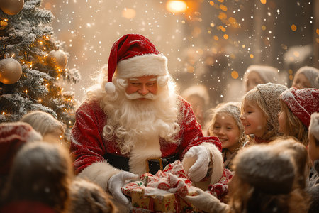 Funny happy kid taking gift from bag of Santa Claus. holidays, christmas, childhood and people concept. Happy family during snowfall on winter day.の素材