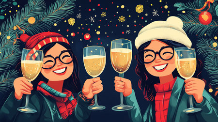 Happy and smiling girl and boy having fun outdoor in winter forest under snowflakes. Magic snowfall. Christmas and New Year illustrationの素材