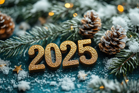 The golden figures 2025 made of candles on a black stone slate background are decorated with a festive decor of stars, sequins, fir branches, balls and garlands. Greeting card, Happy New Year.の素材