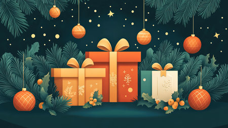 Festive Radiance: Glistening Tree Adornments and Luxurious Gifts Wrapped in Red and Gold.の素材