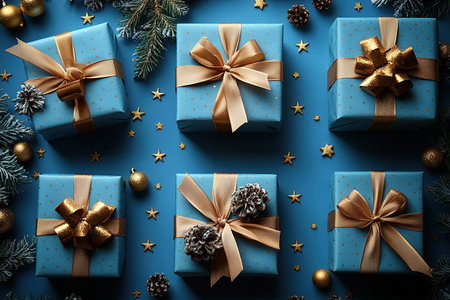Shining Holiday Magic: Overhead photo of twinkling wrapped gifts, ornaments, evergreen twigs with frost accents on luxurious blue background, with unoccupied spot for your festive greeting or advertの素材