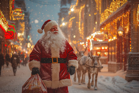 Santa Claus on his sleigh, pulled by reindeer, flying at night to deliver gifts.の素材