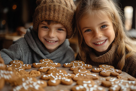 Children's master class on cooking and decorating Christmas cookies.の素材