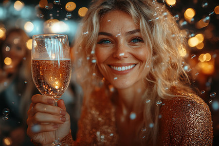 Happy family and friends spending time on party, holding glass of champagne, cheers, laughing and celebrating winter holidays for birthday anniversary together.の素材