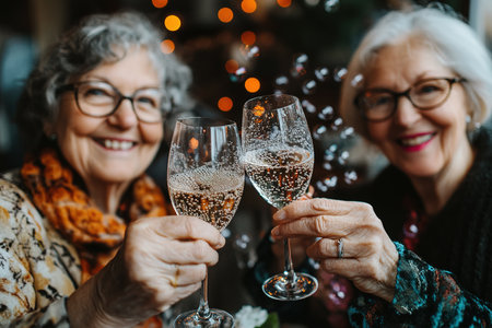 Happy family and friends spending time on party, holding glass of champagne, cheers, laughing and celebrating winter holidays for birthday anniversary together.の素材