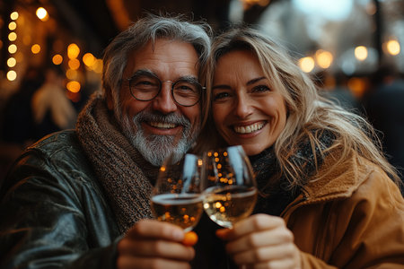 Happy family and friends spending time on party, holding glass of champagne, cheers, laughing and celebrating winter holidays for birthday anniversary together.の素材