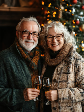 Happy family and friends spending time on party, holding glass of champagne, cheers, laughing and celebrating winter holidays for birthday anniversary together.の素材
