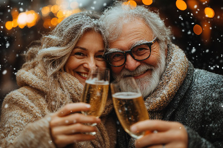 Happy family and friends spending time on party, holding glass of champagne, cheers, laughing and celebrating winter holidays for birthday anniversary together.の素材