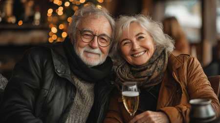 Happy family and friends spending time on party, holding glass of champagne, cheers, laughing and celebrating winter holidays for birthday anniversary together.の素材