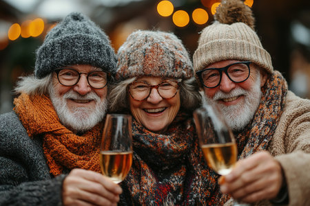 Happy family and friends spending time on party, holding glass of champagne, cheers, laughing and celebrating winter holidays for birthday anniversary together.の素材