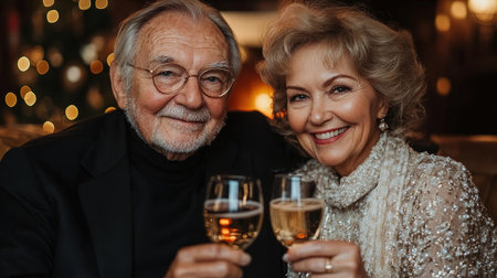 Happy family and friends spending time on party, holding glass of champagne, cheers, laughing and celebrating winter holidays for birthday anniversary together.の素材