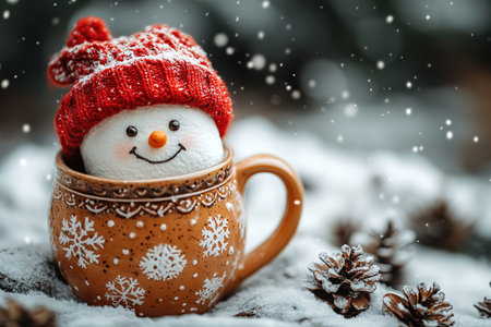 Cute little snowman made from marshmallows bathing in a mug with hot chocolate.の素材