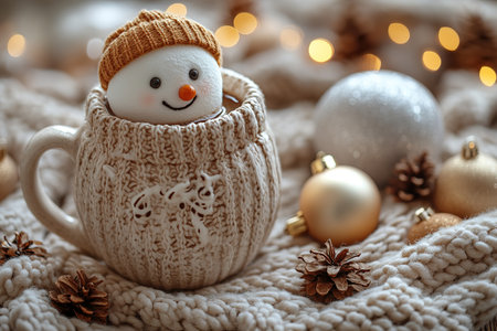 Cute little snowman made from marshmallows bathing in a mug with hot chocolate.の素材