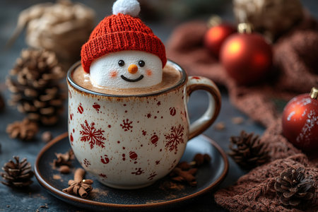 Cute little snowman made from marshmallows bathing in a mug with hot chocolate.の素材