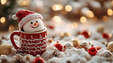 Cute little snowman made from marshmallows bathing in a mug with hot chocolate.の素材