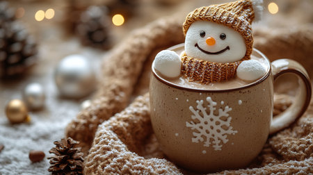 Cute little snowman made from marshmallows bathing in a mug with hot chocolate.の素材