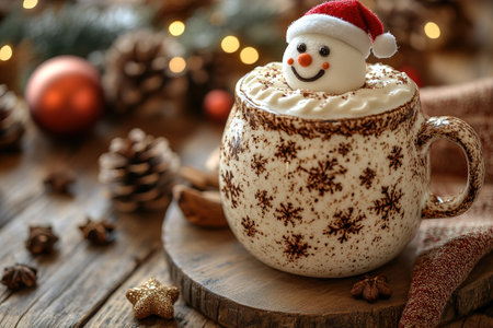 Cute little snowman made from marshmallows bathing in a mug with hot chocolate.の素材