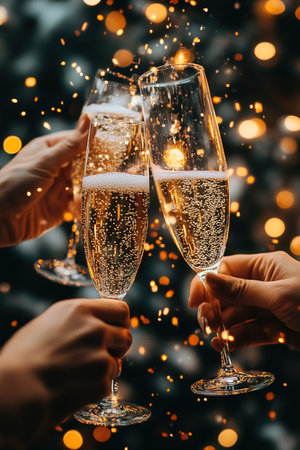 Flute glasses with bubbly wine at sparkling bokeh yellowish golden sequin garlands blaze. Bright falling gold glitter ribbons backdrop glittering twinkle decoration for celebrating luxury party.の素材
