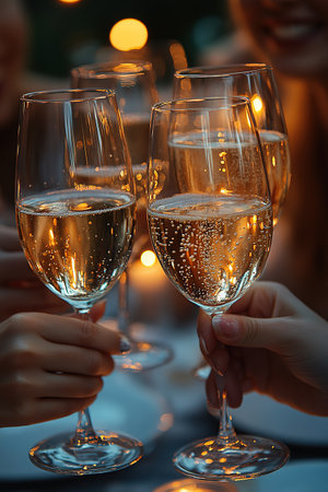 Flute glasses with bubbly wine at sparkling bokeh yellowish golden sequin garlands blaze. Bright falling gold glitter ribbons backdrop glittering twinkle decoration for celebrating luxury party.の素材