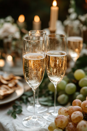 Flute glasses with bubbly wine at sparkling bokeh yellowish golden sequin garlands blaze. Bright falling gold glitter ribbons backdrop glittering twinkle decoration for celebrating luxury party.の素材