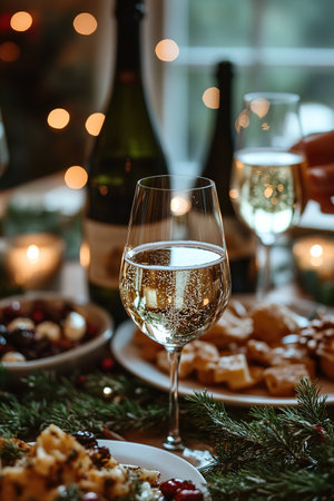 Flute glasses with bubbly wine at sparkling bokeh yellowish golden sequin garlands blaze. Bright falling gold glitter ribbons backdrop glittering twinkle decoration for celebrating luxury party.の素材