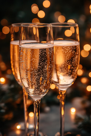 Flute glasses with bubbly wine at sparkling bokeh yellowish golden sequin garlands blaze. Bright falling gold glitter ribbons backdrop glittering twinkle decoration for celebrating luxury party.の素材