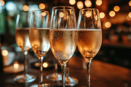 Flute glasses with bubbly wine at sparkling bokeh yellowish golden sequin garlands blaze. Bright falling gold glitter ribbons backdrop glittering twinkle decoration for celebrating luxury party.の素材
