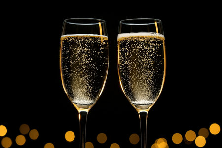 Flute glasses with bubbly wine at sparkling bokeh yellowish golden sequin garlands blaze. Bright falling gold glitter ribbons backdrop glittering twinkle decoration for celebrating luxury party.の素材