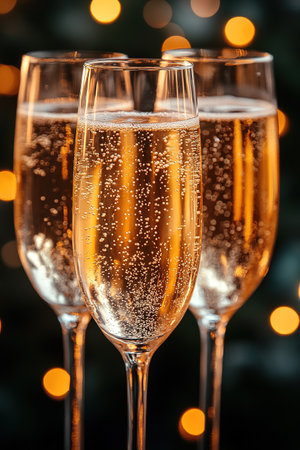 Flute glasses with bubbly wine at sparkling bokeh yellowish golden sequin garlands blaze. Bright falling gold glitter ribbons backdrop glittering twinkle decoration for celebrating luxury party.の素材