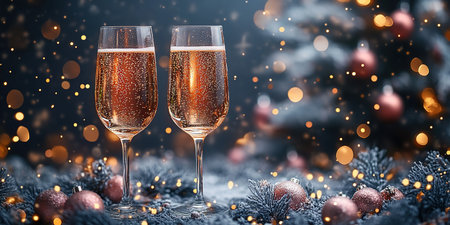 Champagne glasses on Christmas background with golden bokeh lights and short depth of field. Greetings for merry christmas and holidays.の素材