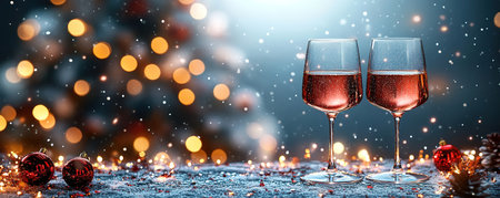 Champagne glasses on Christmas background with golden bokeh lights and short depth of field. Greetings for merry christmas and holidays.の素材