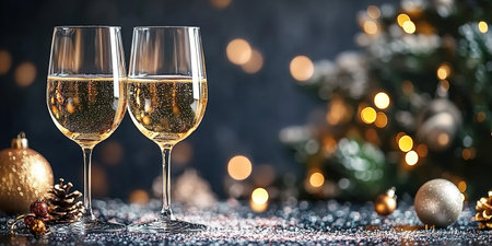 Champagne glasses on Christmas background with golden bokeh lights and short depth of field. Greetings for merry christmas and holidays.の素材
