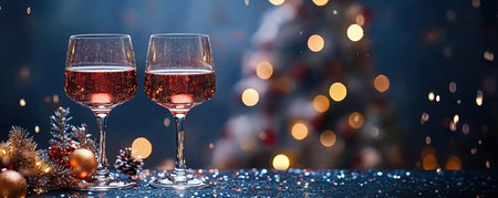Champagne glasses on Christmas background with golden bokeh lights and short depth of field. Greetings for merry christmas and holidays.の素材