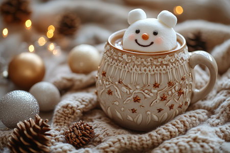 Cute little snowman made from marshmallows bathing in a mug with hot chocolate.の素材