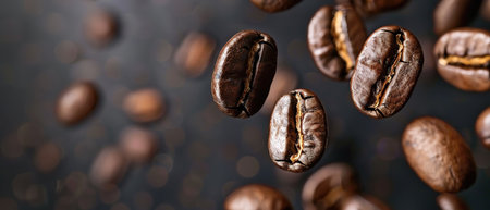 Roasted coffee beans falling against dark backdrop.の素材