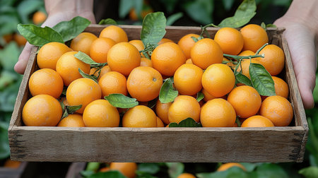 Ripe tasty tangerines with leaves in wooden box on table on green background, orange box on wooden table, Fresh with water droplets in wooden Clipping path.の素材