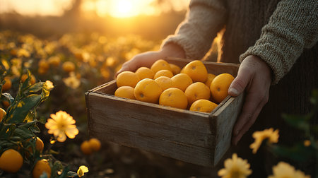 farmer holding a box of oranges in his hands.の素材