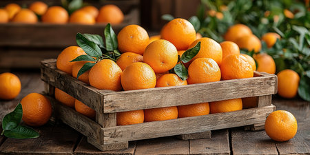 Ripe tasty tangerines with leaves in wooden box on table on green background, orange box on wooden table, Fresh with water droplets in wooden Clipping path.の素材