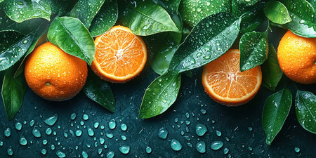 Many orange tangerines with green leaves on dark background. Top view and copy space.の素材