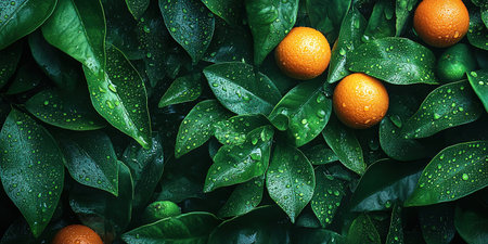 Many orange tangerines with green leaves on dark background. Top view and copy space.の素材