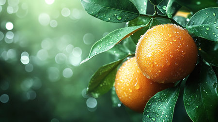 Ripe tangerines or oranges on a branch in the garden ready to harvest after the rain.の素材