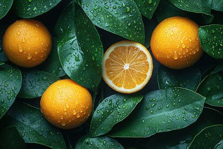 Many orange tangerines with green leaves on dark background. Top view and copy space.の素材