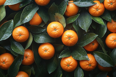 Many orange tangerines with green leaves on dark background. Top view and copy space.の素材