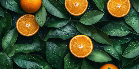 Many orange tangerines with green leaves on dark background. Top view and copy space.の素材