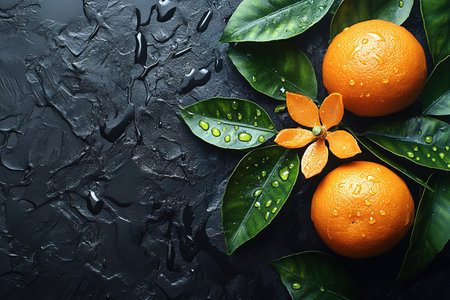 Many orange tangerines with green leaves on dark background. Top view and copy space.の素材